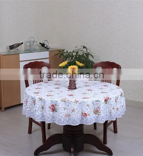 2016 newest flower printed pattern pvc/peva vinyl tablecloth/cover with waved/lace edge
