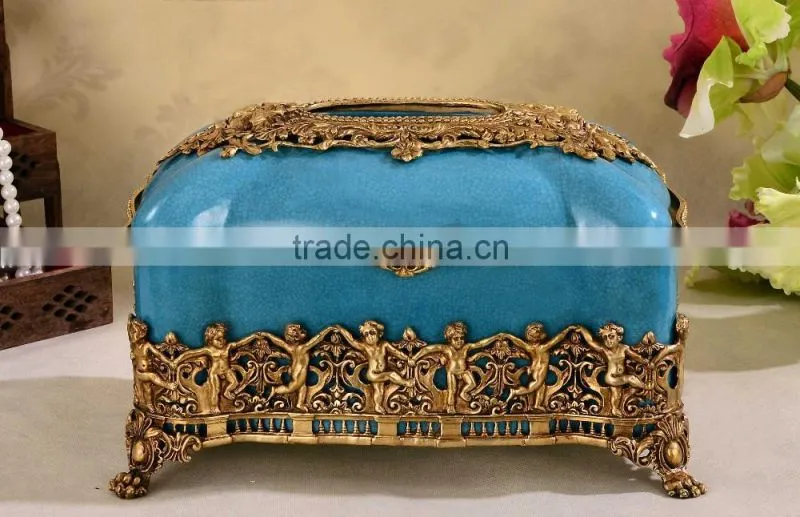 Lovely red plum blossom painting grasshopper shape brass decorative ceramic tissue box