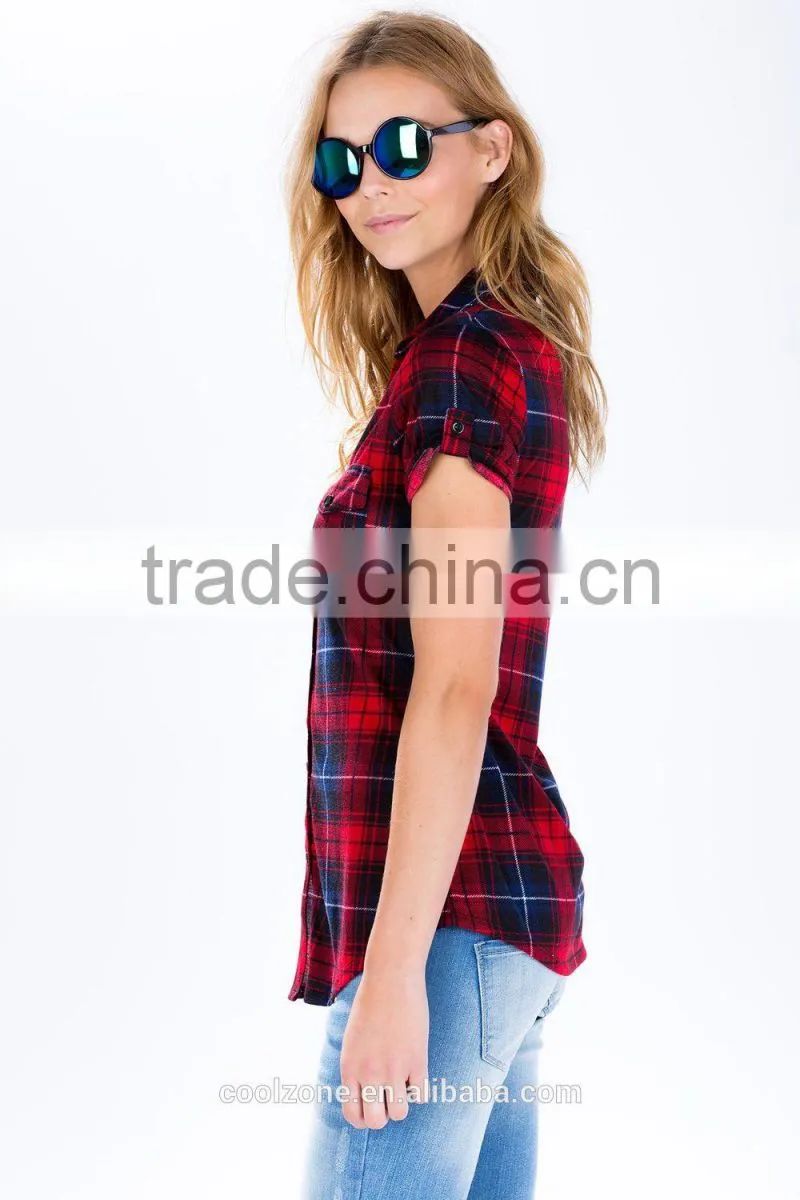 Adorable dolled up short sleeve plaid shirts latest shirt designs for women