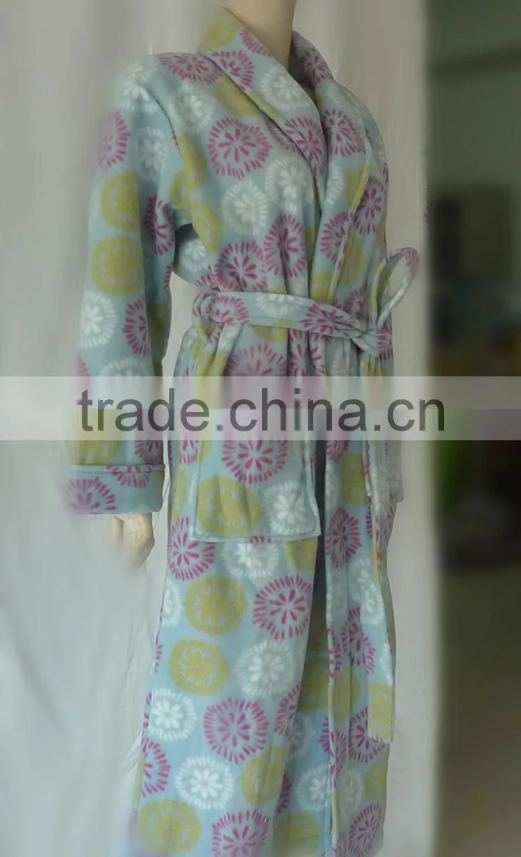 Super Soft Cute Printed Polar Fleece Women SPA Bath Robe With Belt&Pocket