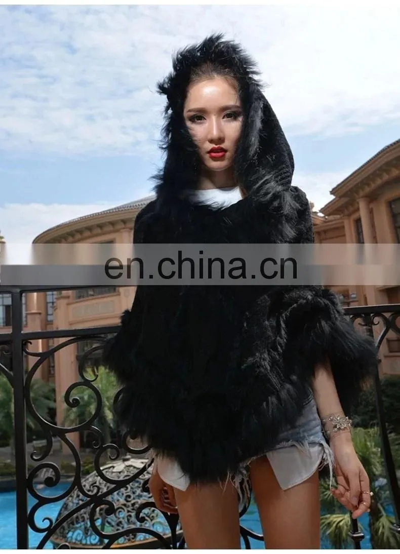 Latest fashion lady garments pullover raccoon fur rabbit fur knitted shawl cape