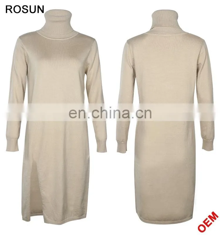 Women Turtleneck Long Sleeves Ribbed Split Side Knit Dress
