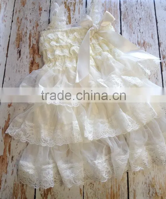 new design Ivory petti lace ruffle dress , baby dress pattern flower girl