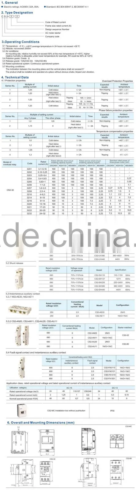 CS2 Motor Protection Circuit Breaker Rated Current 0.1~0.16A CS2-3201