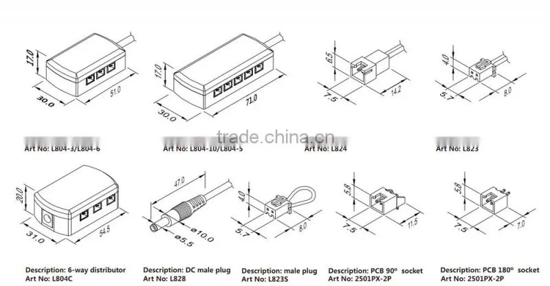 Best Selling Mini 6 Pin Female Splitter Junction Box (L804C) plug in DC jack 2.1*5.5mm male plug