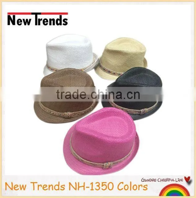 Nature color straw fedora man hat chevron linen hatband