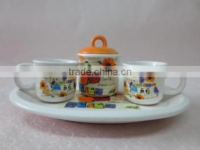 daily coffee tea set with two ceramic cups and a sugar pot with tray