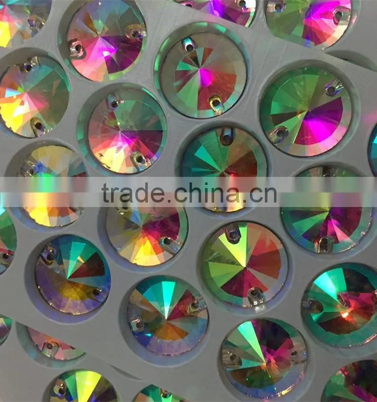nice small box packing 14mm revoli round shape crystal AB sew on crystal stone with hole for designing clothing