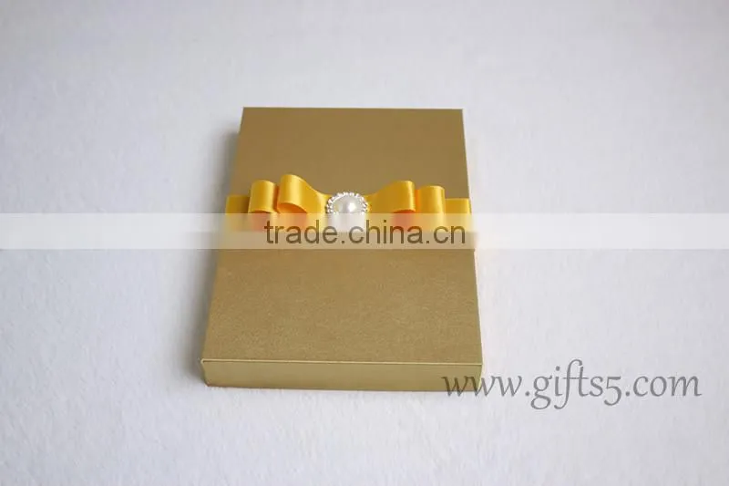 Luxury handmade gold wedding invitations box with ribbon bow