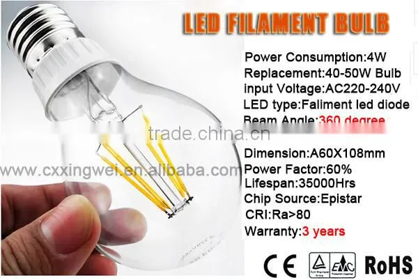 A60 E27 4W 6W LED COB LED Filament LED Bulb