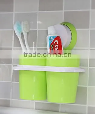 Sucker Hanging Plastic Two Cup Toothbrush Holder