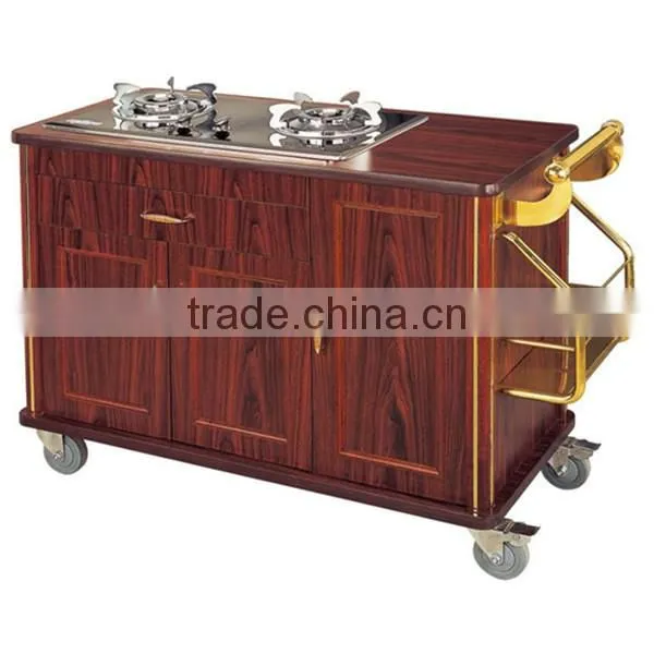 Restaurant mobile cooking trolley with stainless steel platform