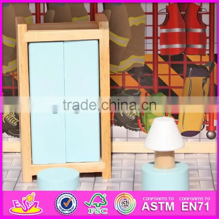 2016 New design children big wooden toy fire station for sale W06A138