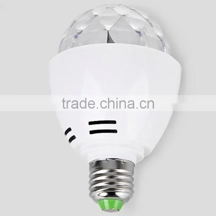Hot selling Auto Mini Party Induction Light LED Bulbs E27 3W Bulb Full Color RGB LED Plastic Rotating Lamp with Remote Control