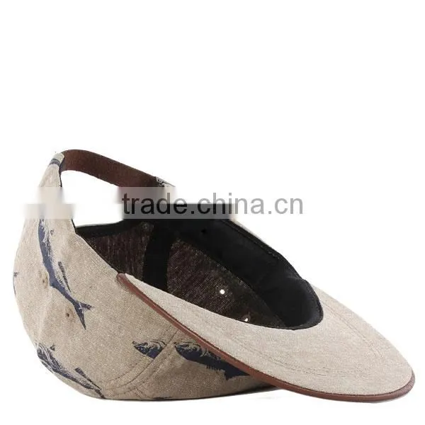 Fish Pattern 5 Panel Hat Leather Brim Cheap Fashion Custom Blank 5 Panel Hat