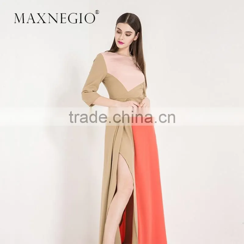 Latest design fashion contrast color ladies high quality elegant long sleeve and maxi evening dress 2016
