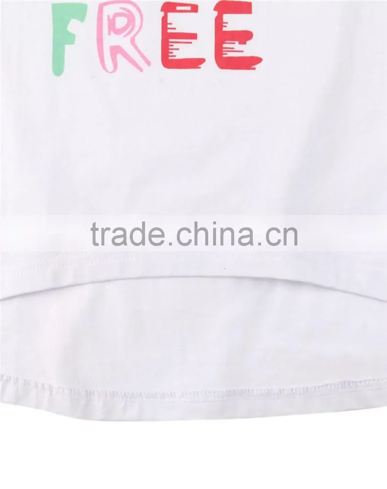 Hot sale long style girls white print letters short sleeve T-shirt with 100% cotton fabric