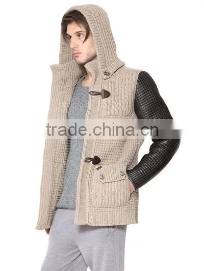 Men Hoodie knitted Cardigan Leather Sleeve wool Sweater Coat