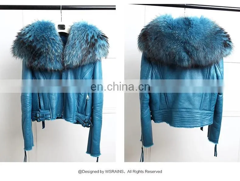 2017 High Quality Large Fluffy Real Raccoon Fur Collar Jacket Coat Lady Winter Sheepskin Genuine Sheep Leather Jacket Women