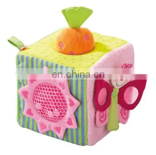 Soft materails plush cube with insert toys for baby safety education and pratice toys