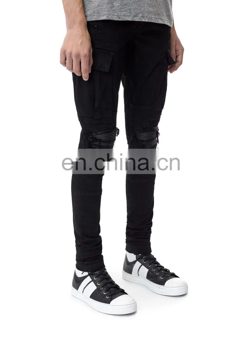 DiZNEW New Stretch Ripped Pleated Knee Patches Cargo Black Jeans men