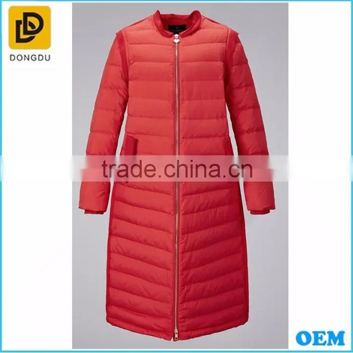 New design red long down jacket from Dongdu clothing factory