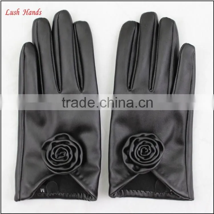 ladies PU leather gloves black with roses