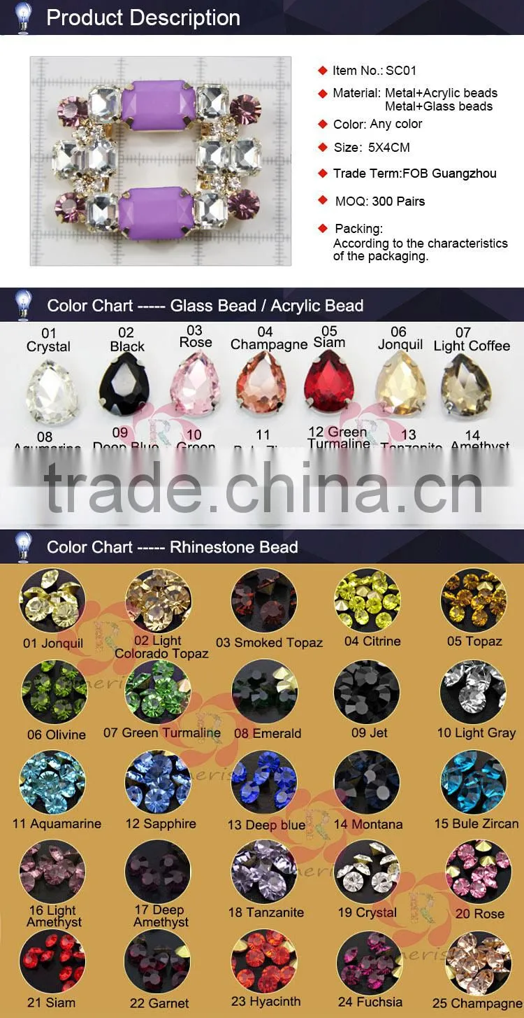 Hot sale rhinestones/acrylic/glass moveable shoes clips square shape for lady