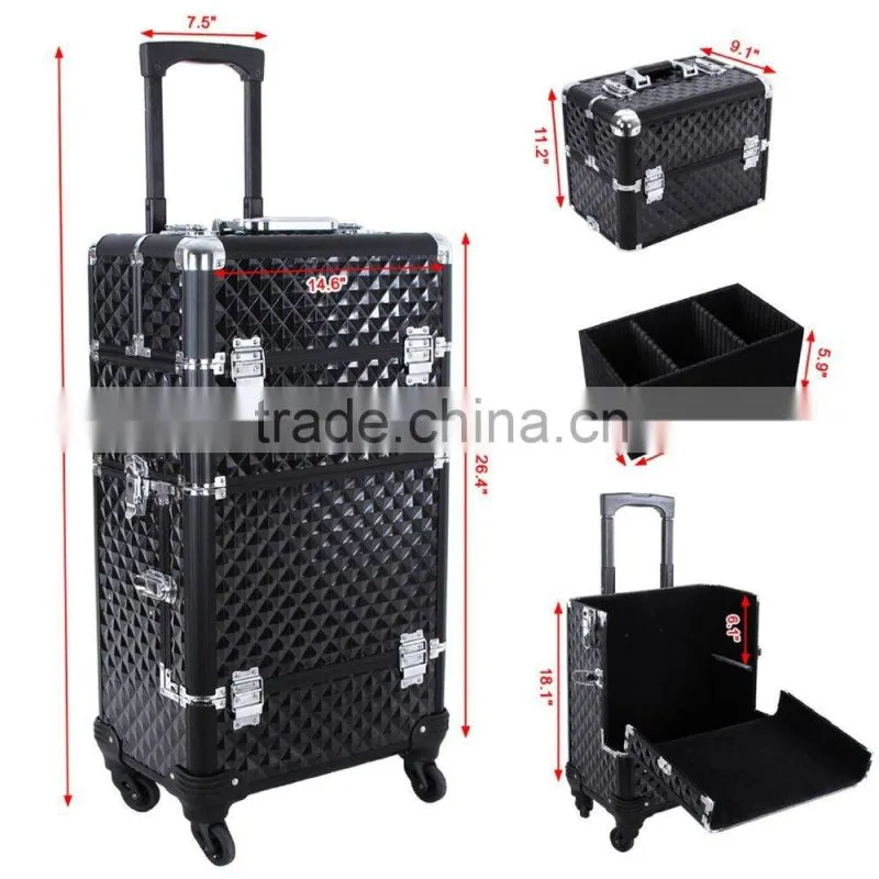 Aluminum Rolling Makeup Case 2 in 1 Cosmetic Artist Train Case Beauty Salon Organizer 4 Wheels Lift Handle