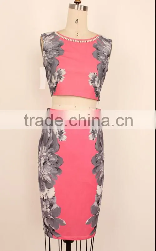 2015 fashion printed sleeveless tops and long skirts woman suit