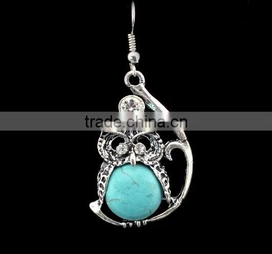New Arrival Fashion Bohemia owl Silver Plated Turquoise Pendant Alloy Earrings