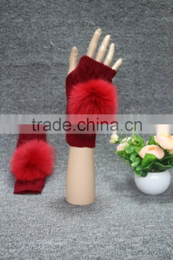 Factory price women's leather gloves with rex rabbit fur/black gloves