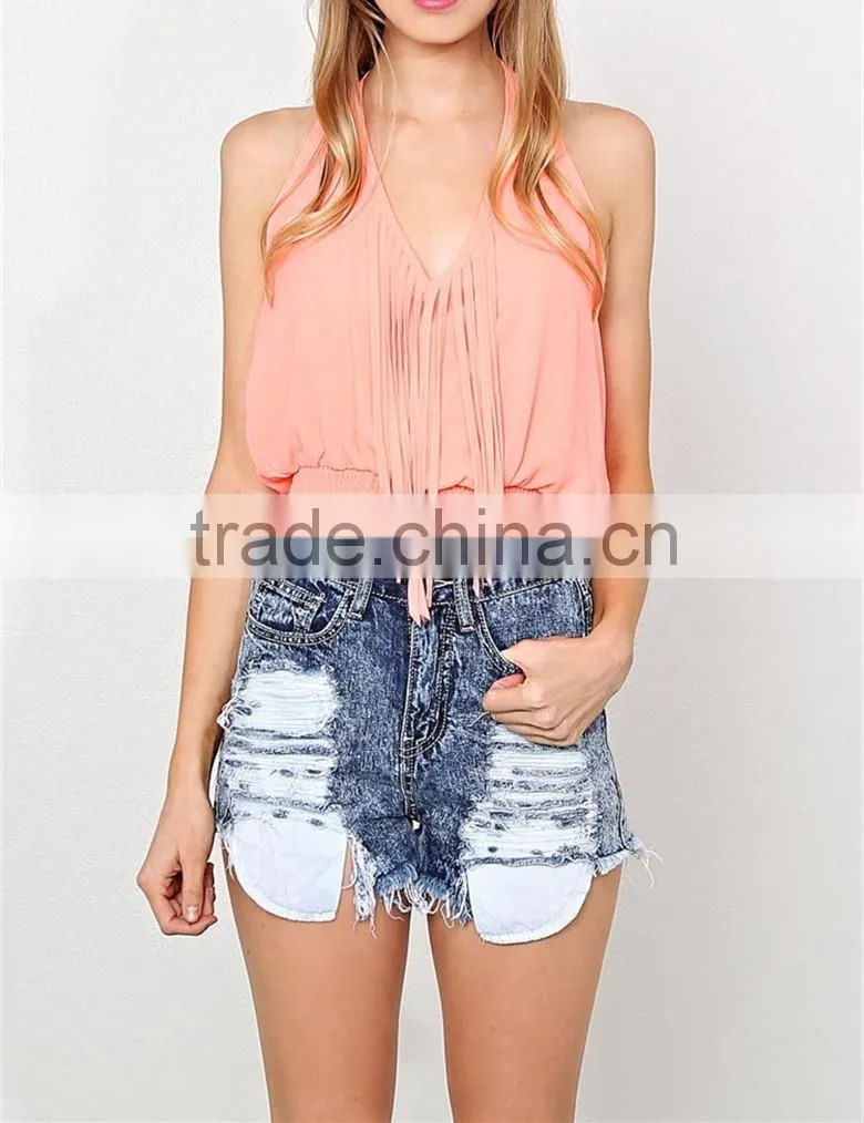 Summer women latest fashion Pink V-neck woven top- SYK15263