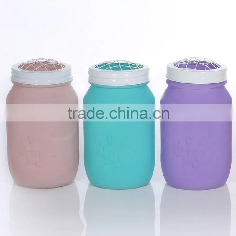 Hot Seller Colourful Embossed Glass Vase With Cove Mesh Lid