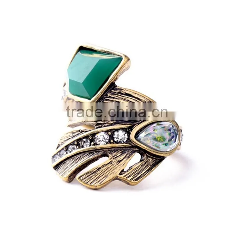 Punk Style Ring Designs Antique Gold Plated Crystal Cluster Leaf Irregular Finger Rings For Women