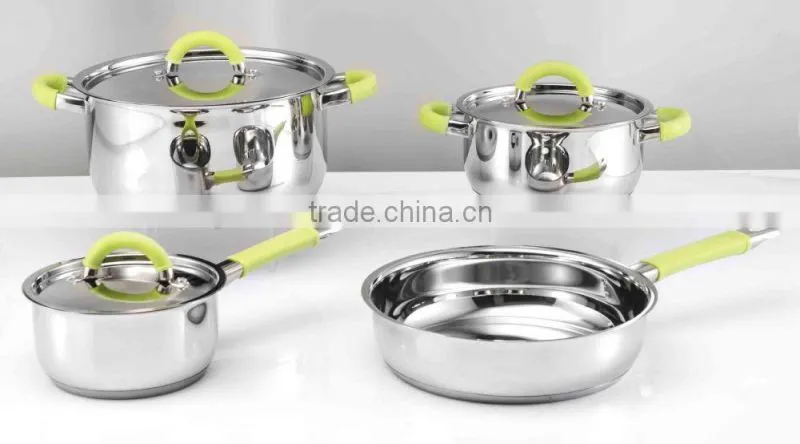 new product 9PCS stainless steel cookware with yellow silicon glass lid