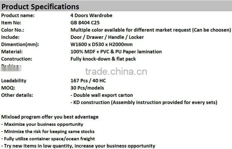 MDF Bedroom Furniture Modern 4 Doors Wardrobe, bedroom cupboards design, wooden wardrobe designs, modern design bedroom closet