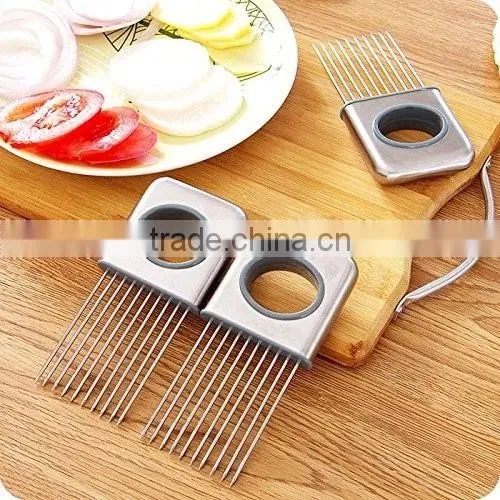 Onion Holder Vegetable Potato Cutter Slicer Gadget Stainless Steel Fork Slicing Odor Remover Kitchen Tool (Stainless steel)