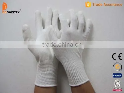 DDSAFETY 13 Gauge White Nylon Liner Knit Wrist Glove White PU Coated White Nylon Glove