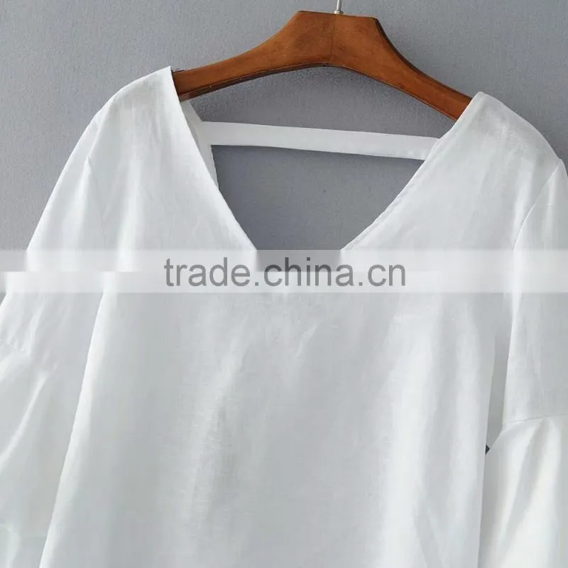 Women latest designs breathable plain white linen blouse