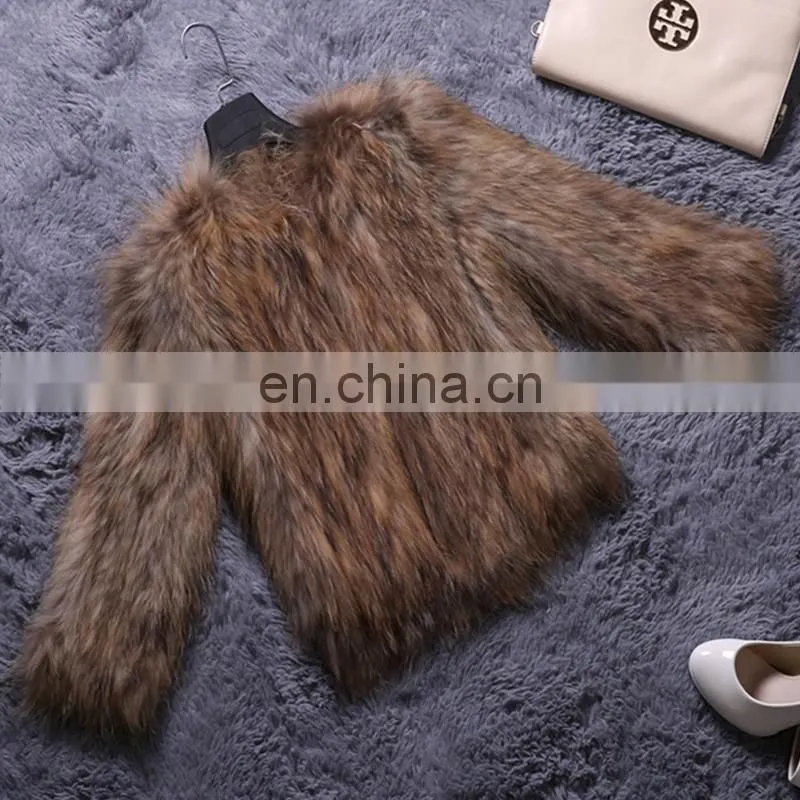 Natural color weaven knitting raccoon fur overcoat wholesale China
