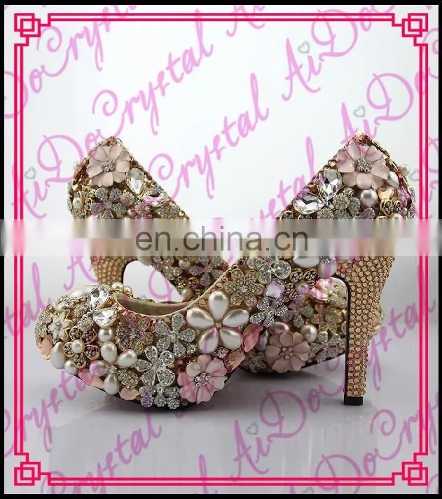 Aidocrystal ltaly stylish high heel dress shoes handmade gold rhinestone flower bridal mid heel wedding shoes