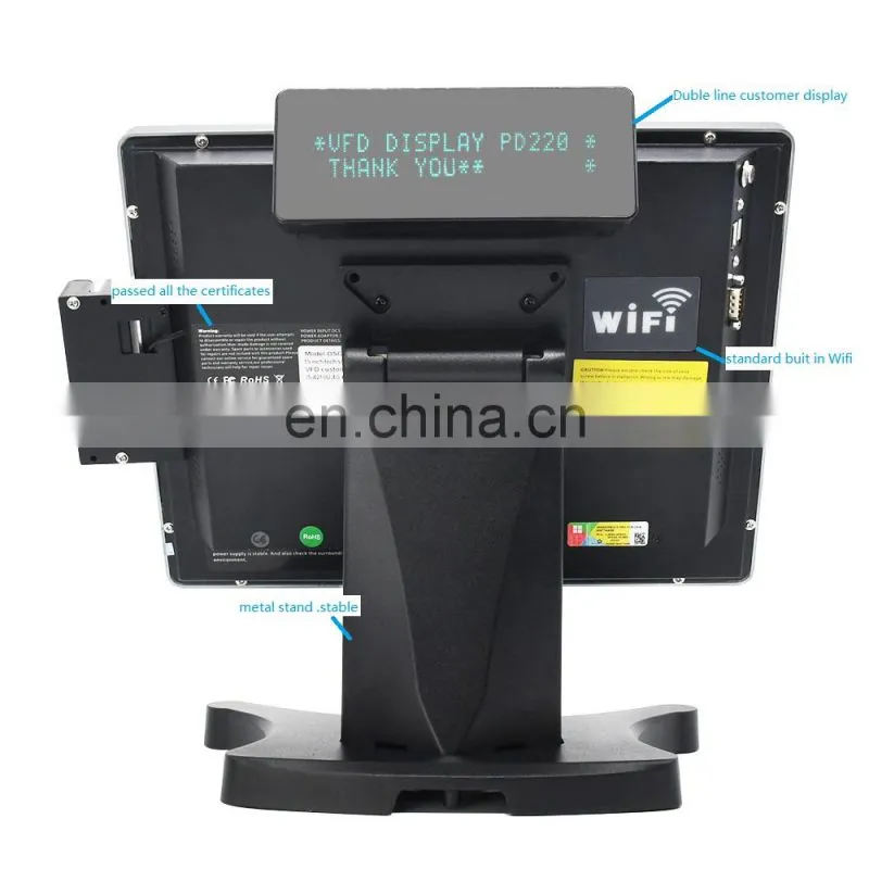 Read to ship 15inch Pos system with VFD customer display standard 64G Built in Wifi for restaurant and supermarket