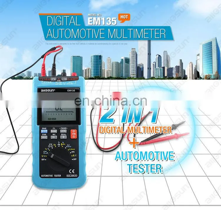 allosun EM135 Car Diagnostic Tool Digital Automotive Multi-meter Car Engine RPM Tester Dwell Angle Car Alternator Tester