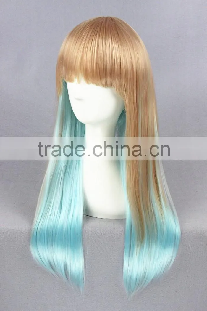 High Quality 65cm Medium Long Straight Brown&Blue Color Mixed Lolita Wig Synthetic Anime Wig Cosplay Hair Wig Party Wig