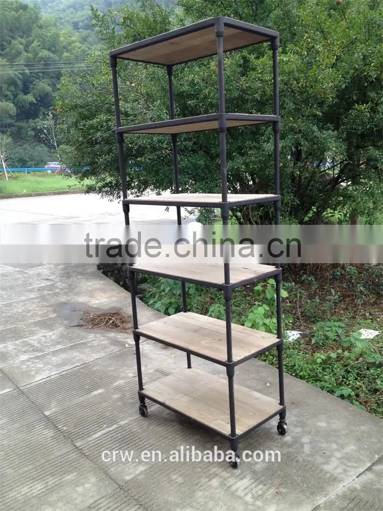 RE-1529 custom metal frame thick wood shelf with wheel