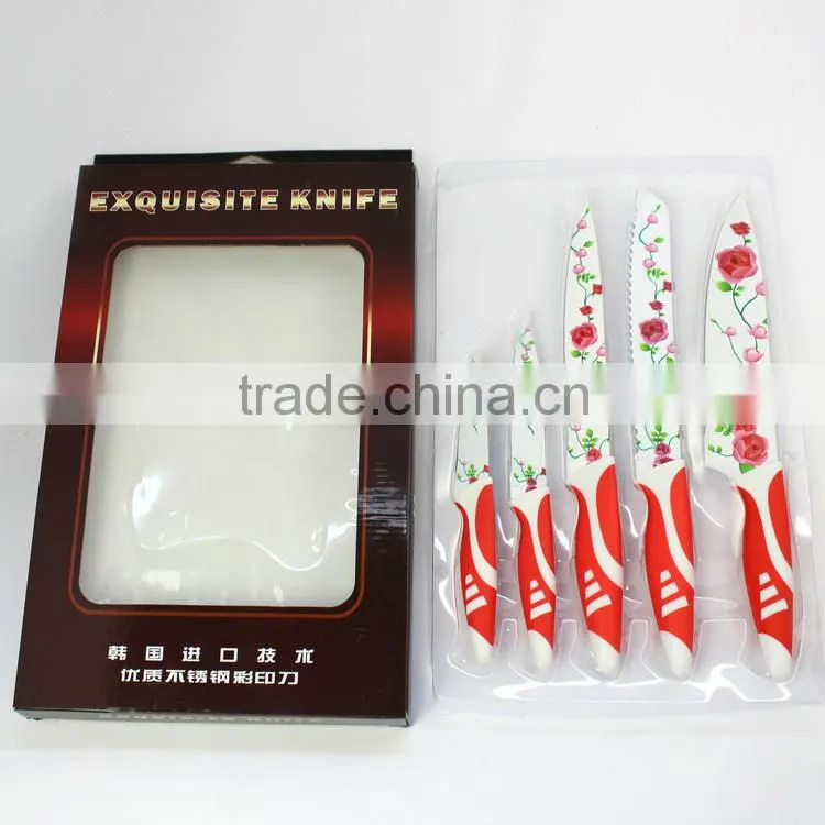 Rose printing multi colorful kitchen knife set