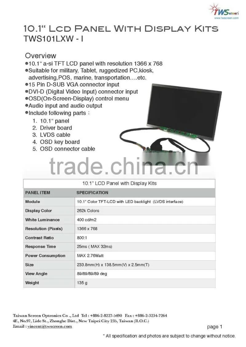 for Transportation Panel, DIY Kit with 10.1" Lcd Panel 1366x768 resolution