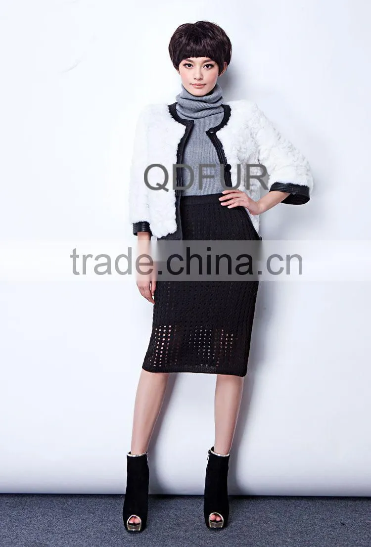 QD28321 Korea Style Rabbit Fur Jacket With Sheep Leather Trim