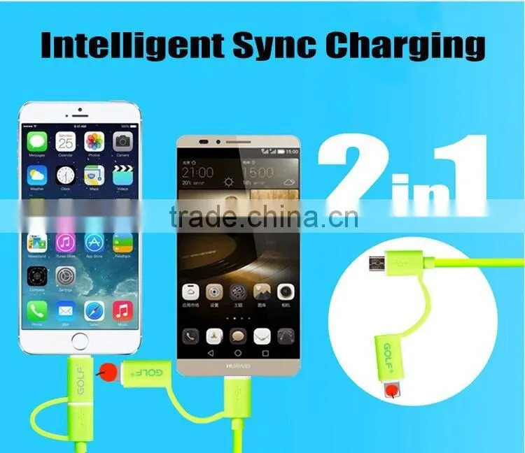 GOLF speed 2in1 intelligent sync charging cable for iphone 5/5s/6s/6s plus 2.1A 105CM Micro USB TPE cable for android device